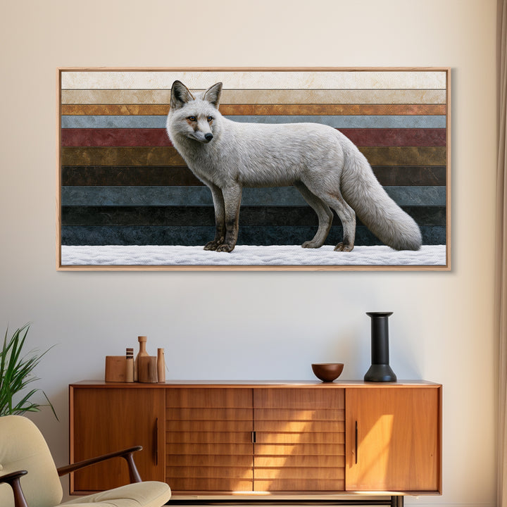 White Fox in Quiet Snow Framed Canvas Print, Scandinavian Art, Printable Wall Art, Living Room Decor, Fine Art, Nordic, SCA-2x1-56