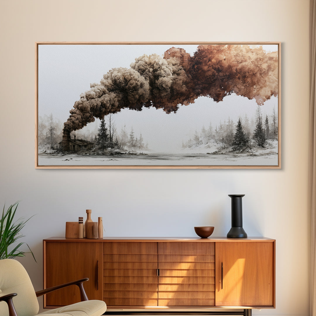 Winter Cabin Smoke Canvas Print, Scandinavian Art, Art Print, Living Room Decor, Oil Painting, Nordic, Farmhouse Decor, SCA-2x1-62