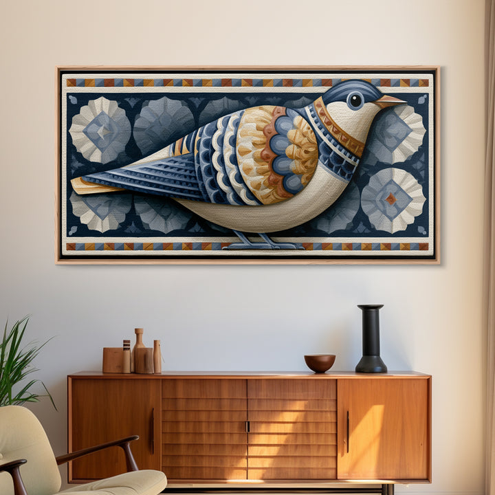 Nordic Folk Bird Framed Canvas Print, Scandinavian Art, Mid Century Modern, Living Room Decor, Fine Art, Nordic, Boho Wall Art, SCA-2x1-7