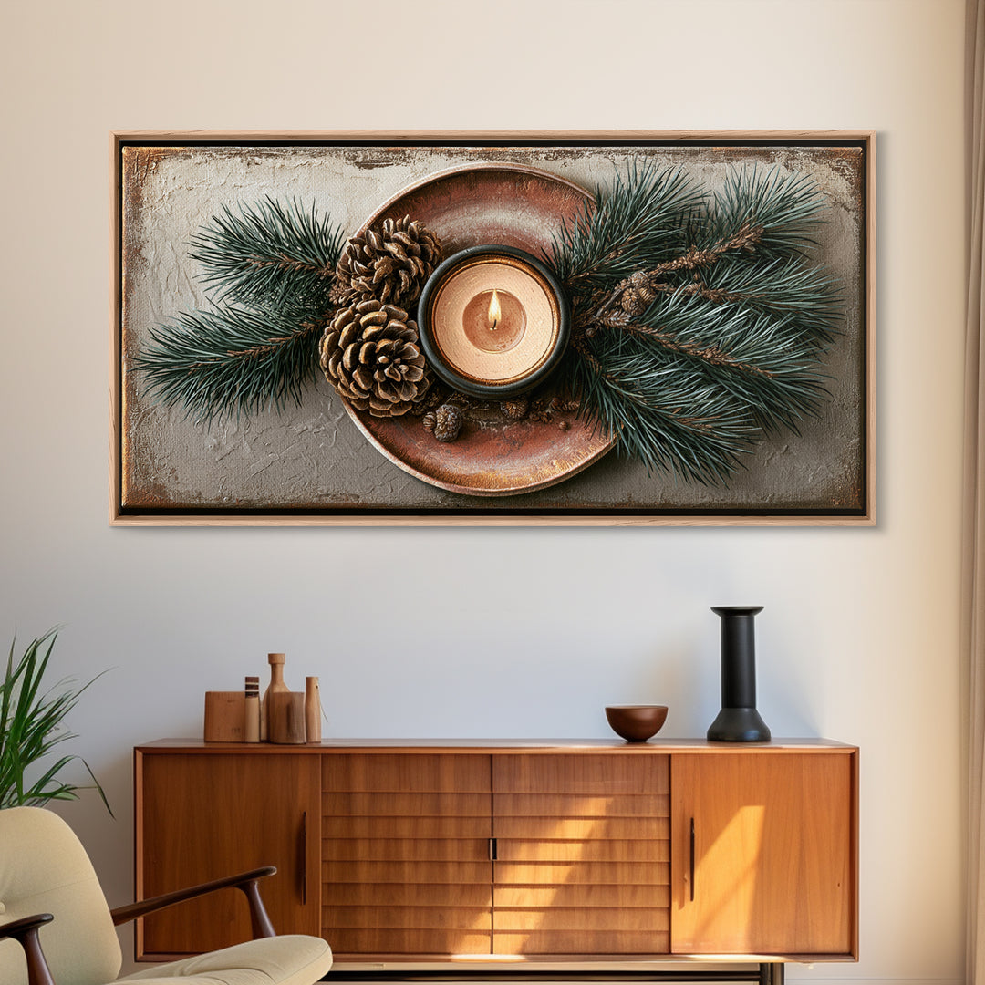 Hygge Candle and Pine Branch Still Life Framed Canvas Print, Scandinavian Art, Oil Painting, Living Room Decor, Watercolor Art, SCA-2x1-72