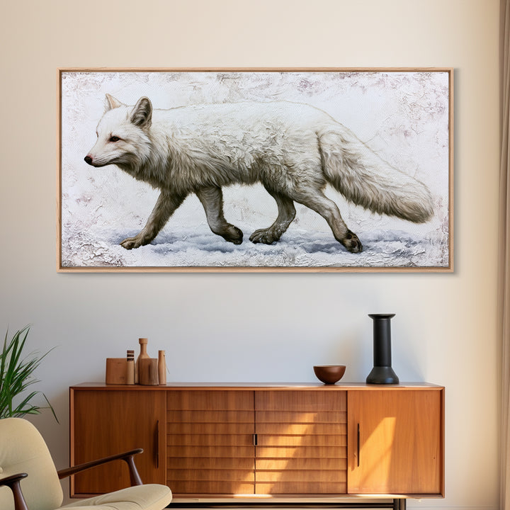 White Fox in Quiet Snow Framed Canvas Print, Scandinavian Art, Living Room Decor, Nordic, Gallery Decor, Neutral Decor, SCA-2x1-80