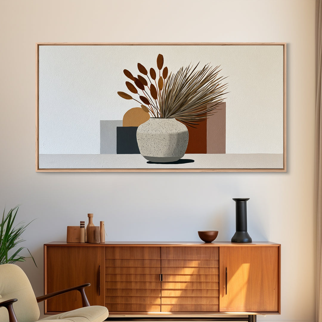 Ceramic Vase with Dried Grasses Framed Canvas Print, Scandinavian Art, Modern Wall Art, Living Room Decor, Watercolor Art, SCA-2x1-81