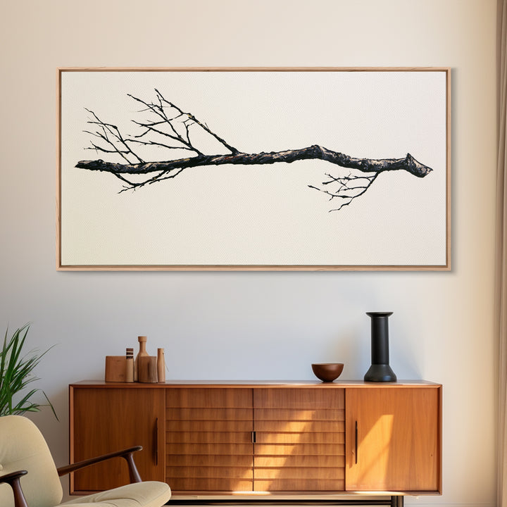 Single Black Branch on Warm White Background Canvas Print, Scandinavian Art, Abstract Art, Living Room Decor, Nordic, SCA-2x1-88