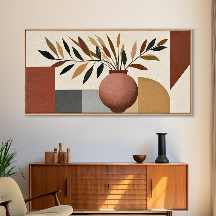 Ceramic Vase with Dried Grasses Framed Canvas Print, Scandinavian Art, Oil Painting, Living Room Decor, Fine Art, Nordic, SCA-2x1-9