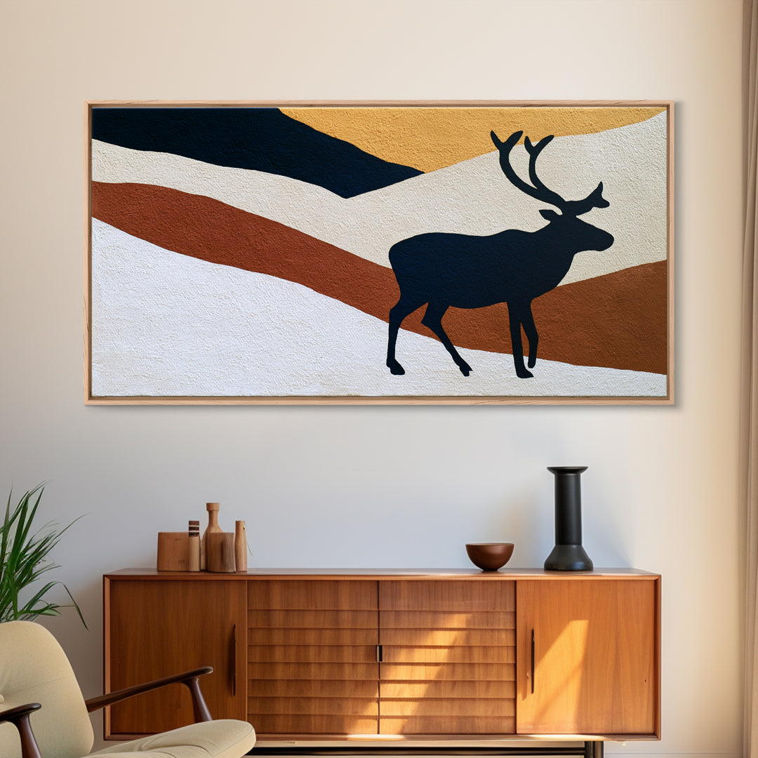 Reindeer Silhouette in Snowy Landscape Canvas Print, Scandinavian Art, Wall Hanging, Living Room Decor, Fine Art, Nordic, SCA-2x1-98