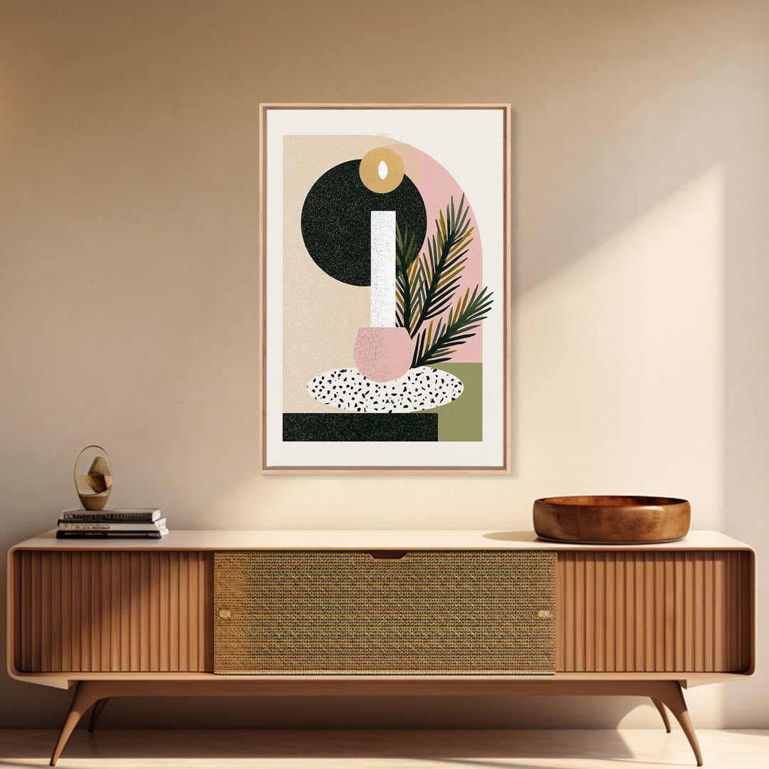 Hygge Candle and Pine Branch Still Life Framed Canvas Print, Scandinavian Art, Canvas Art, Living Room Decor, Fine Art, Nordic, SCA-2x3-12