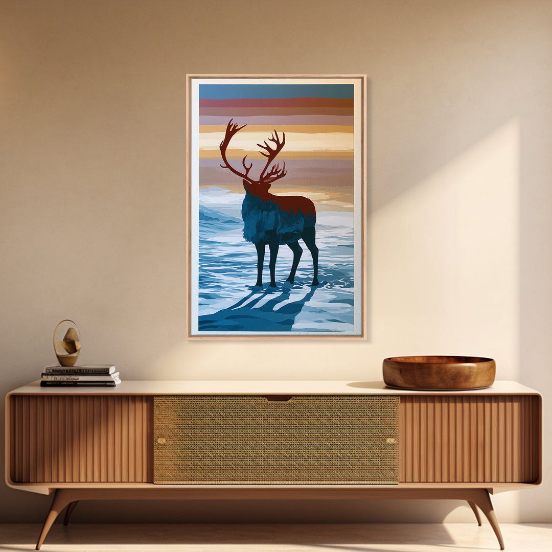 Reindeer Silhouette in Snowy Landscape Canvas Print, Scandinavian Art, Printable, Living Room Decor, Fine Art, Nordic, SCA-2x3-14