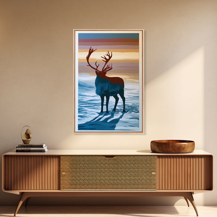 Reindeer Silhouette in Snowy Landscape Canvas Print, Scandinavian Art, Printable, Living Room Decor, Fine Art, Nordic, SCA-2x3-14