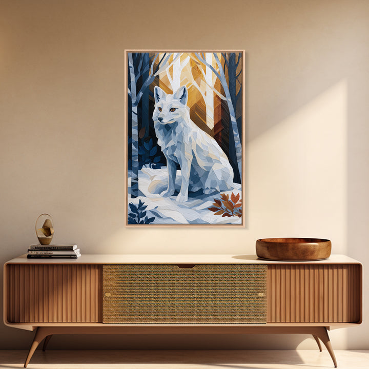 White Fox in Quiet Snow Framed Canvas Print, Scandinavian Art, Boho Wall Decor, Living Room Decor, Oil Painting, Nordic, SCA-2x3-20
