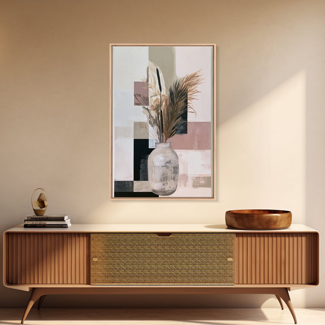 Ceramic Vase with Dried Grasses Framed Canvas Print, Scandinavian Art, Abstract Art, Living Room Decor, Oil Painting, Nordic, SCA-2x3-21