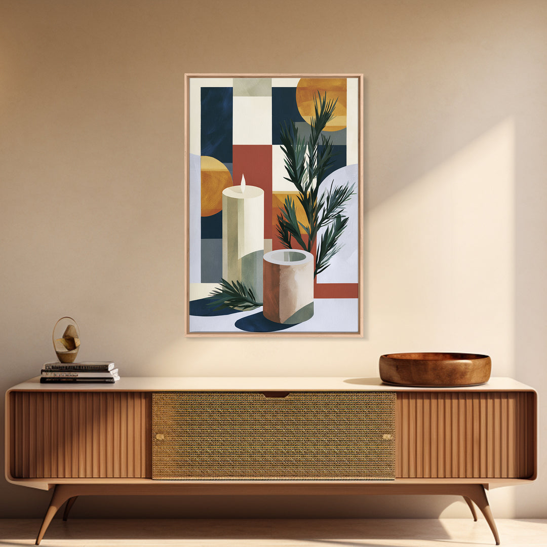 Hygge Candle and Pine Branch Still Life Framed Canvas Print, Scandinavian Art, Textured Painting, Living Room Decor, Nordic, SCA-2x3-36
