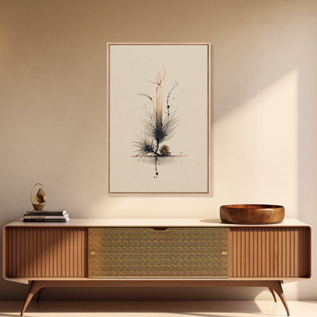 Hygge Candle and Pine Branch Still Life Canvas Print, Scandinavian Art, Abstract Wall Art, Living Room Decor, Nordic, SCA-2x3-60