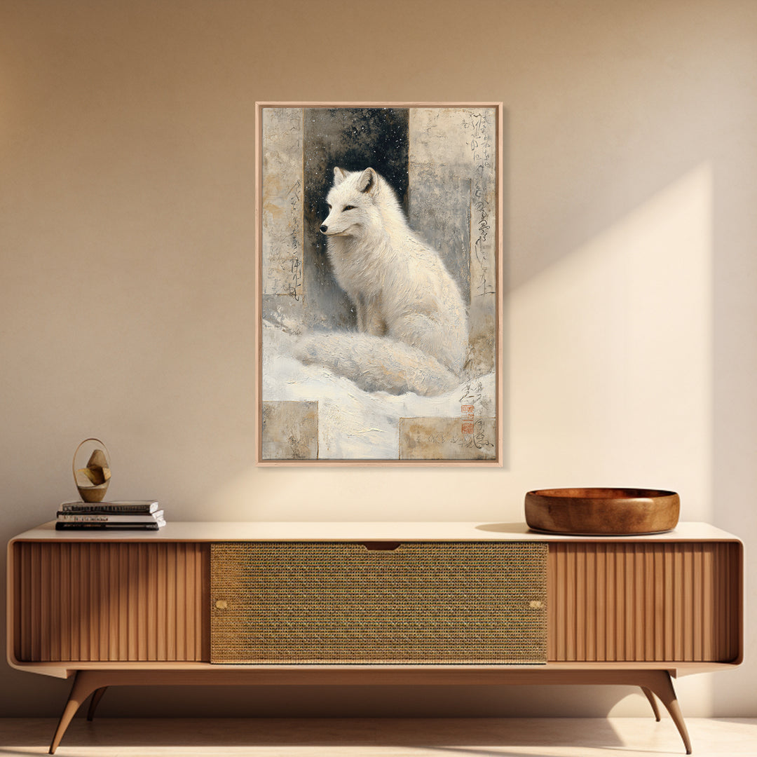 White Fox in Quiet Snow Framed Canvas Print, Scandinavian Art, Abstract Painting, Living Room Decor, Fine Art, Nordic, SCA-2x3-68
