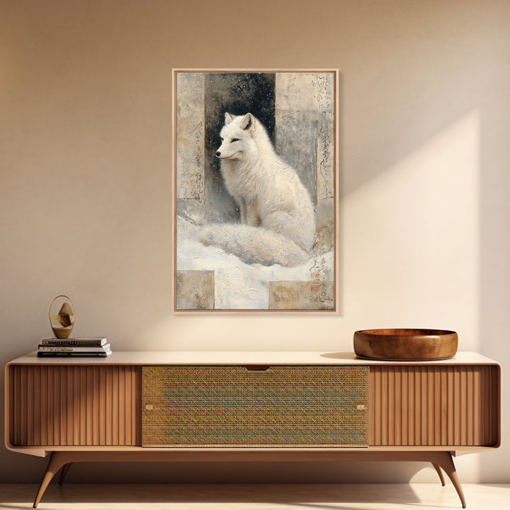 White Fox in Quiet Snow Framed Canvas Print, Scandinavian Art, Abstract Painting, Living Room Decor, Fine Art, Nordic, SCA-2x3-68