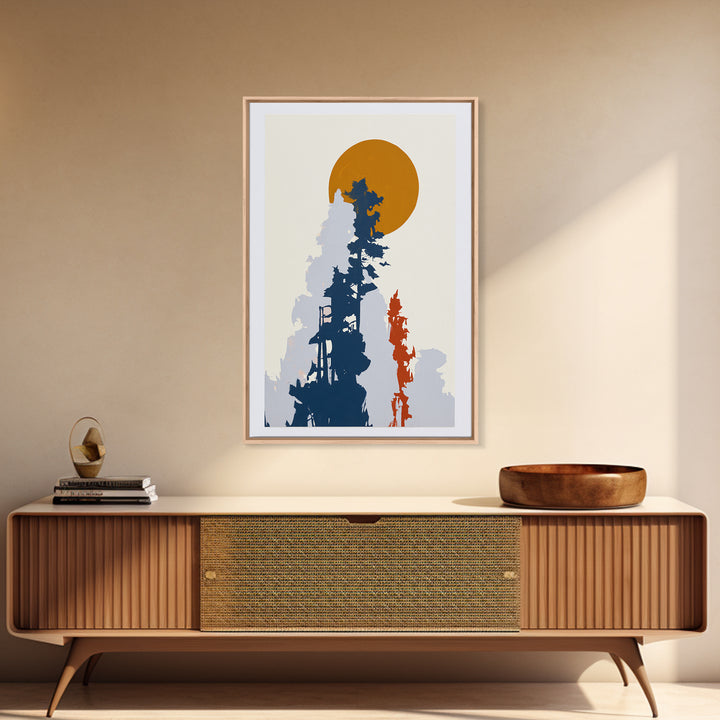 Minimal Sun over Pine Forest Framed Canvas Print, Scandinavian Art, Abstract Painting, Living Room Decor, Fine Art, Nordic, SCA-2x3-73