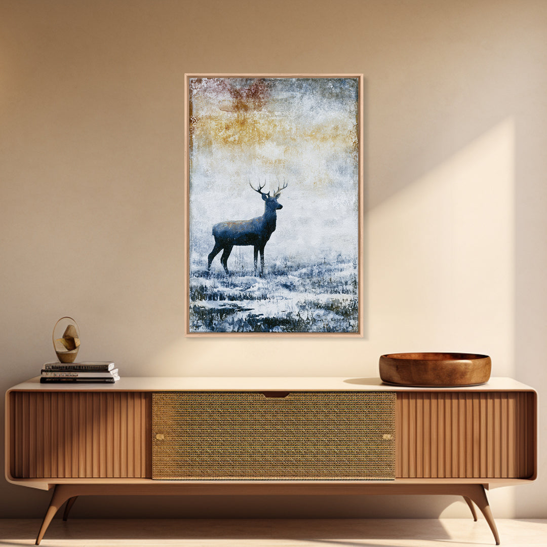 Reindeer Silhouette in Snowy Landscape Canvas Print, Scandinavian Art, Farmhouse Decor, Living Room Decor, Fine Art, Nordic, SCA-2x3-86