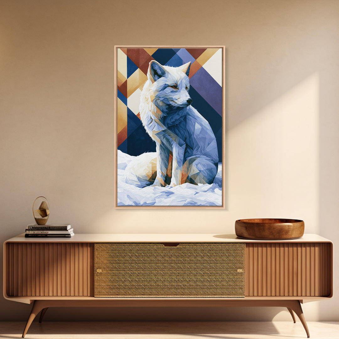 White Fox in Quiet Snow Framed Canvas Print, Scandinavian Art, Mid Century Modern, Living Room Decor, Abstract Art, Nordic, SCA-2x3-92