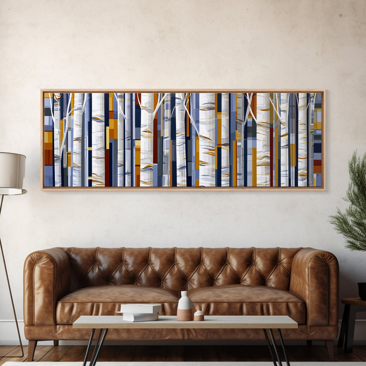 Birch Tree Trunks Framed Canvas Print, Scandinavian Art, Abstract Painting, Living Room Decor, Fine Art, Nordic, SCA-3x1-1