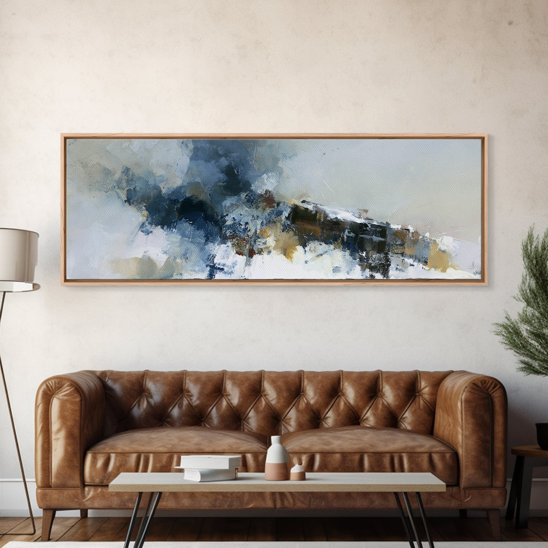 Winter Cabin Smoke Framed Canvas Print, Scandinavian Art, Oil Painting, Living Room Decor, Fine Art, Nordic, Boho Wall Decor, SCA-3x1-10