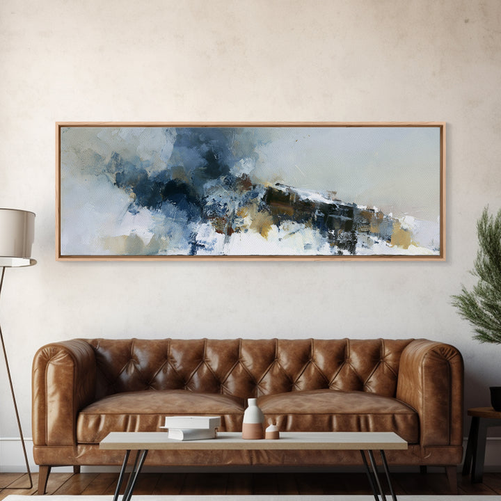 Winter Cabin Smoke Framed Canvas Print, Scandinavian Art, Oil Painting, Living Room Decor, Fine Art, Nordic, Boho Wall Decor, SCA-3x1-10