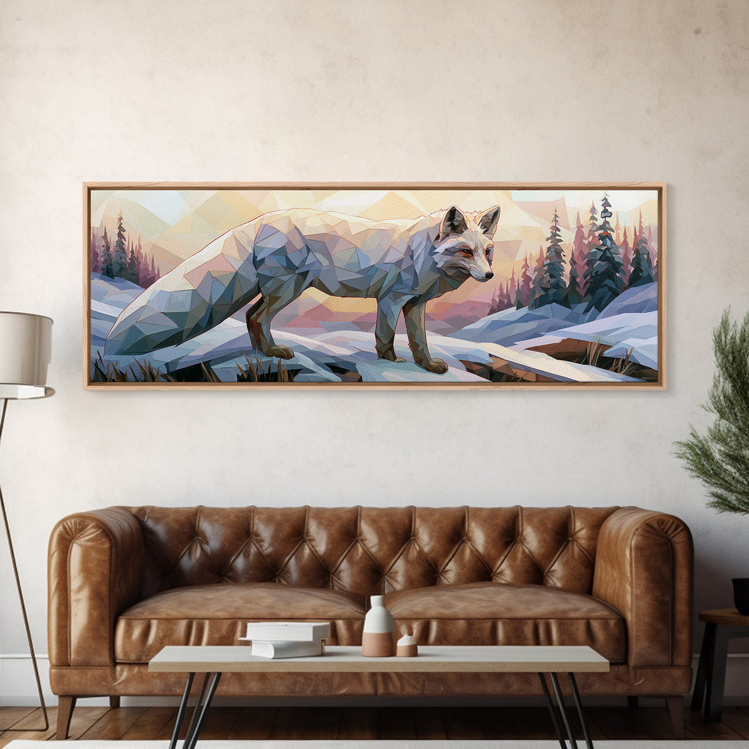 White Fox in Quiet Snow Canvas Print, Scandinavian Art, Printable, Living Room Decor, Abstract Art, Nordic, Abstract Wall Art, SCA-3x1-100