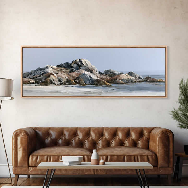 Quiet Coastal Rocks and Gray Sea Framed Canvas Print, Scandinavian Art, Fine Art Print, Living Room Decor, Fine Art, Nordic, SCA-3x1-15
