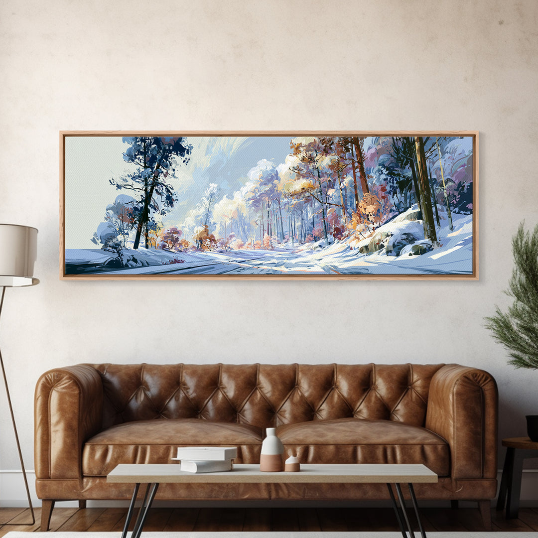 Snowy Nordic Forest Framed Canvas Print, Scandinavian Art, Gallery Decor, Living Room Decor, Fine Art, Nordic, Home Decor, SCA-3x1-17