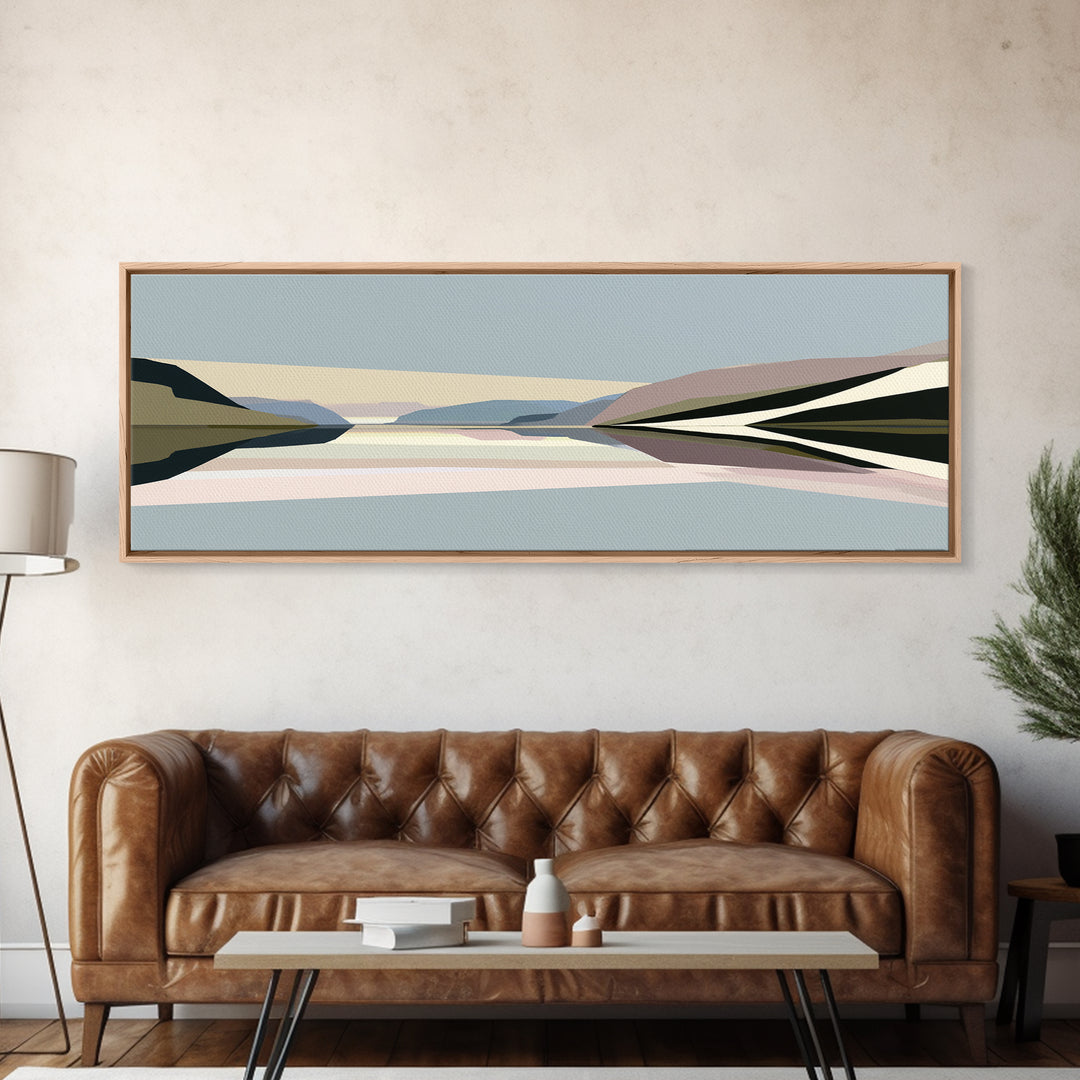 Minimal Fjord Landscape Framed Canvas Print, Scandinavian Art, Living Room Decor, Nordic, Gallery Decor, Neutral Decor, SCA-3x1-18