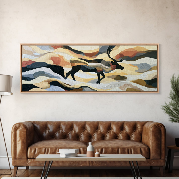 Reindeer Silhouette in Snowy Landscape Canvas Print, Scandinavian Art, Art, Living Room Decor, Fine Art, Nordic, Abstract Art, SCA-3x1-22