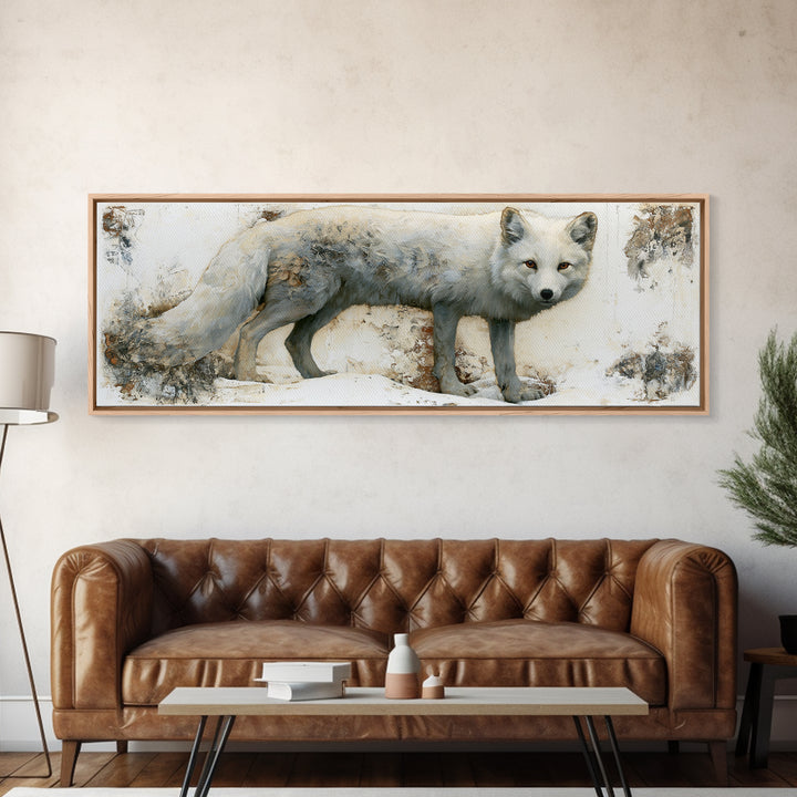 White Fox in Quiet Snow Framed Canvas Print, Scandinavian Art, Scandinavian, Living Room Decor, Oil Painting, Nordic, SCA-3x1-28