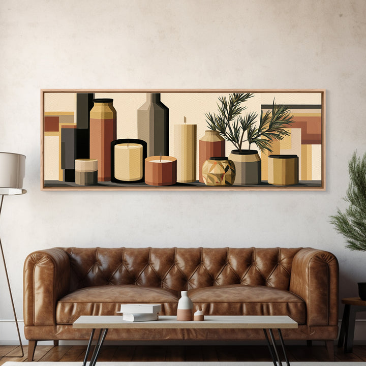 Hygge Candle and Pine Branch Still Life Framed Canvas Print, Scandinavian Art, Fine Art Print, Living Room Decor, SCA-3x1-44