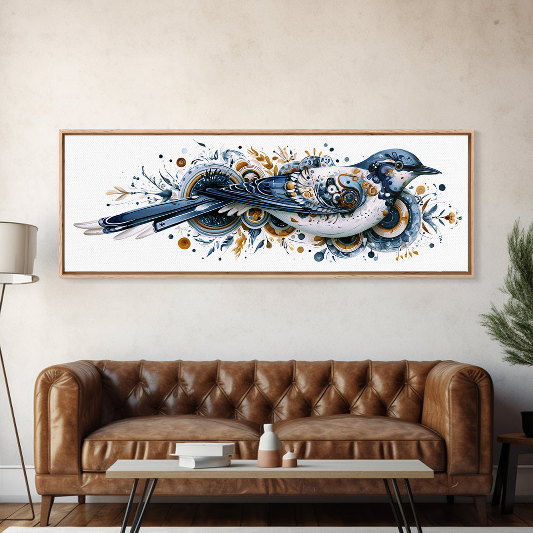 Nordic Folk Bird Framed Canvas Print, Scandinavian Art, Digital Wall Art, Living Room Decor, Fine Art, Nordic, Boho Decor, SCA-3x1-51