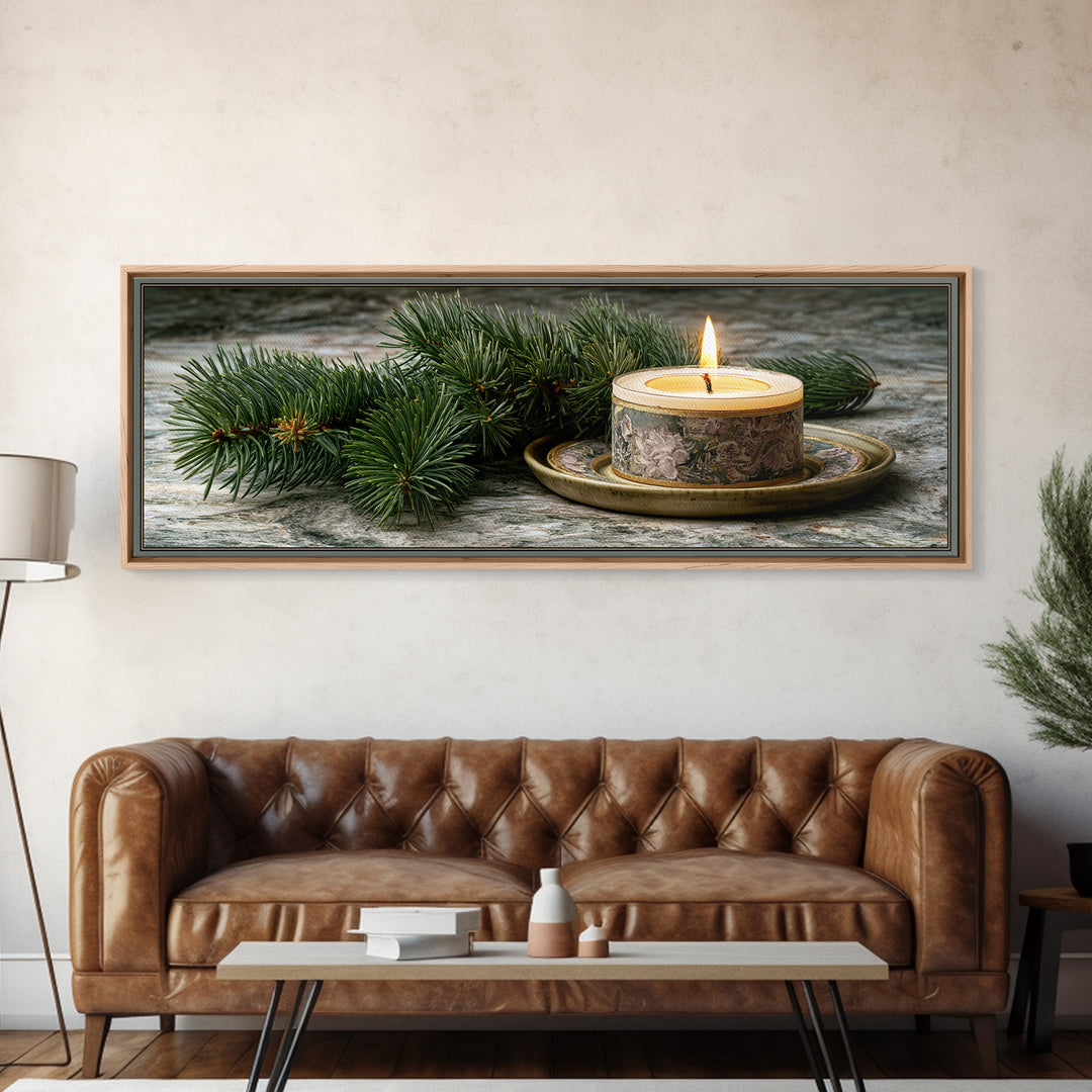 Hygge Candle and Pine Branch Still Life Framed Canvas Print, Scandinavian Art, Wall Decor, Living Room Decor, Fine Art, Nordic, SCA-3x1-68