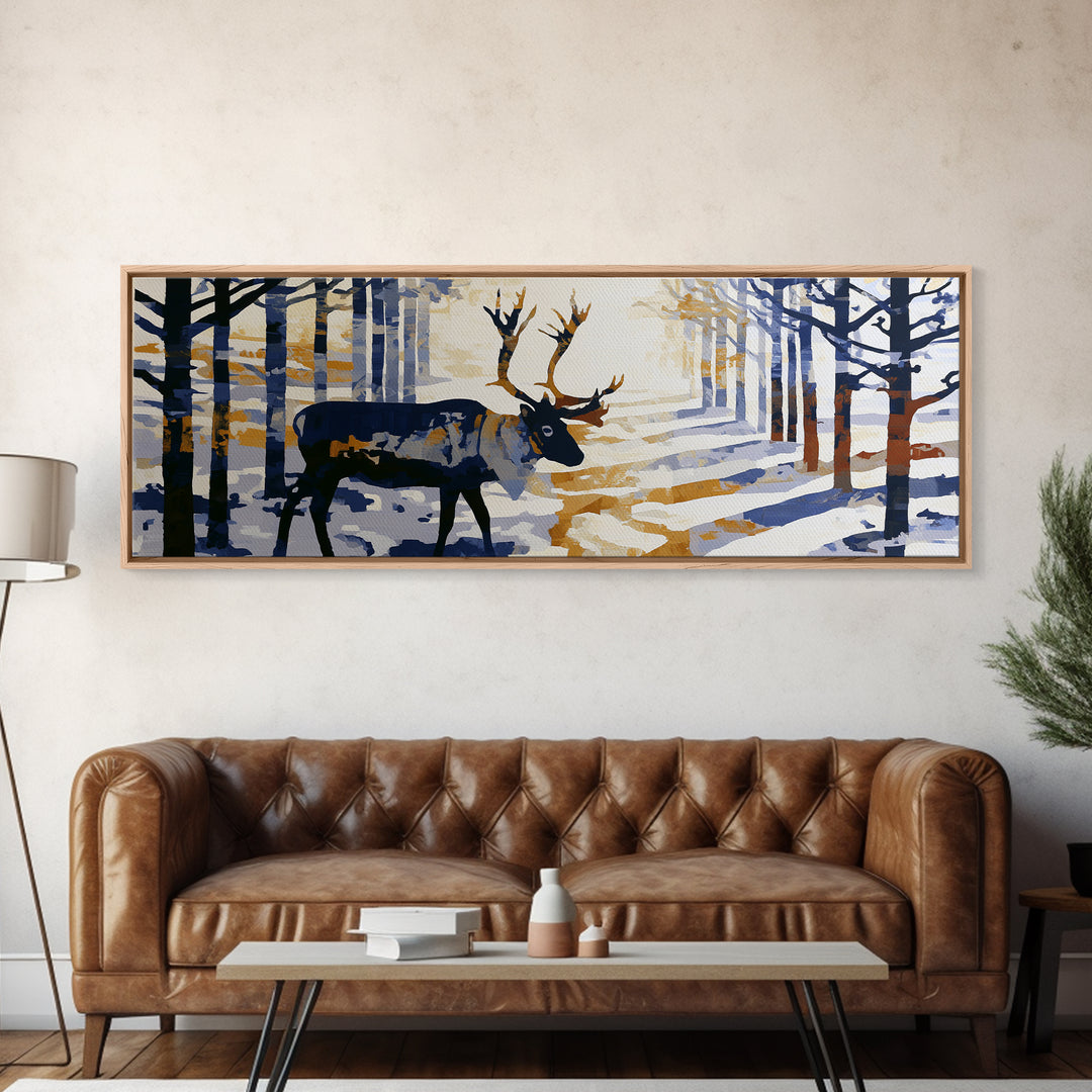 Reindeer Silhouette in Snowy Landscape Canvas Print, Scandinavian Art, Printable, Living Room Decor, Fine Art, Nordic, SCA-3x1-70