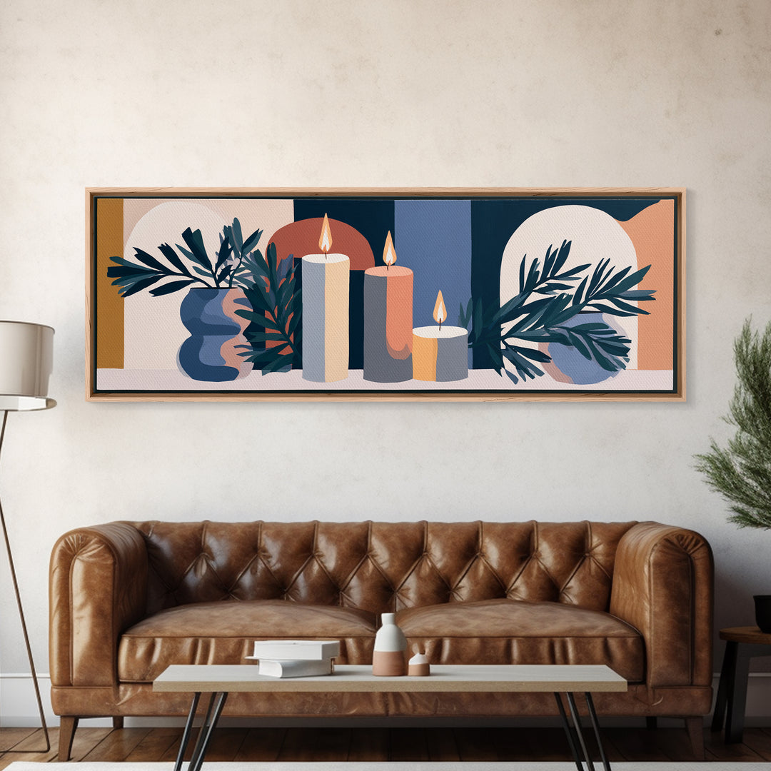 Hygge Candle and Pine Branch Still Life Canvas Print, Scandinavian Art, Christmas Decor, Living Room Decor, Fine Art, Nordic, SCA-3x1-92