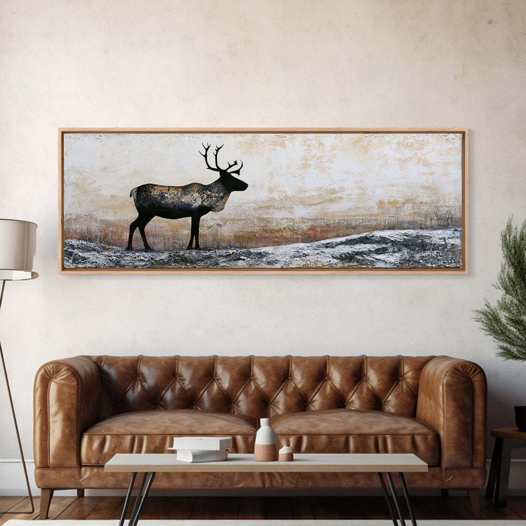Reindeer Silhouette in Snowy Landscape Canvas Print, Scandinavian Art, Modern Art, Living Room Decor, Fine Art, Nordic, SCA-3x1-94