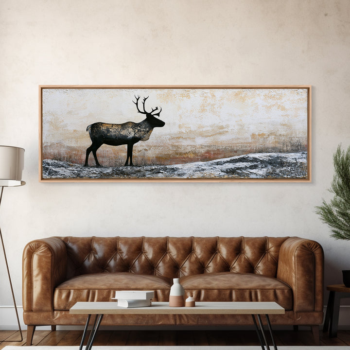 Reindeer Silhouette in Snowy Landscape Canvas Print, Scandinavian Art, Modern Art, Living Room Decor, Fine Art, Nordic, SCA-3x1-94