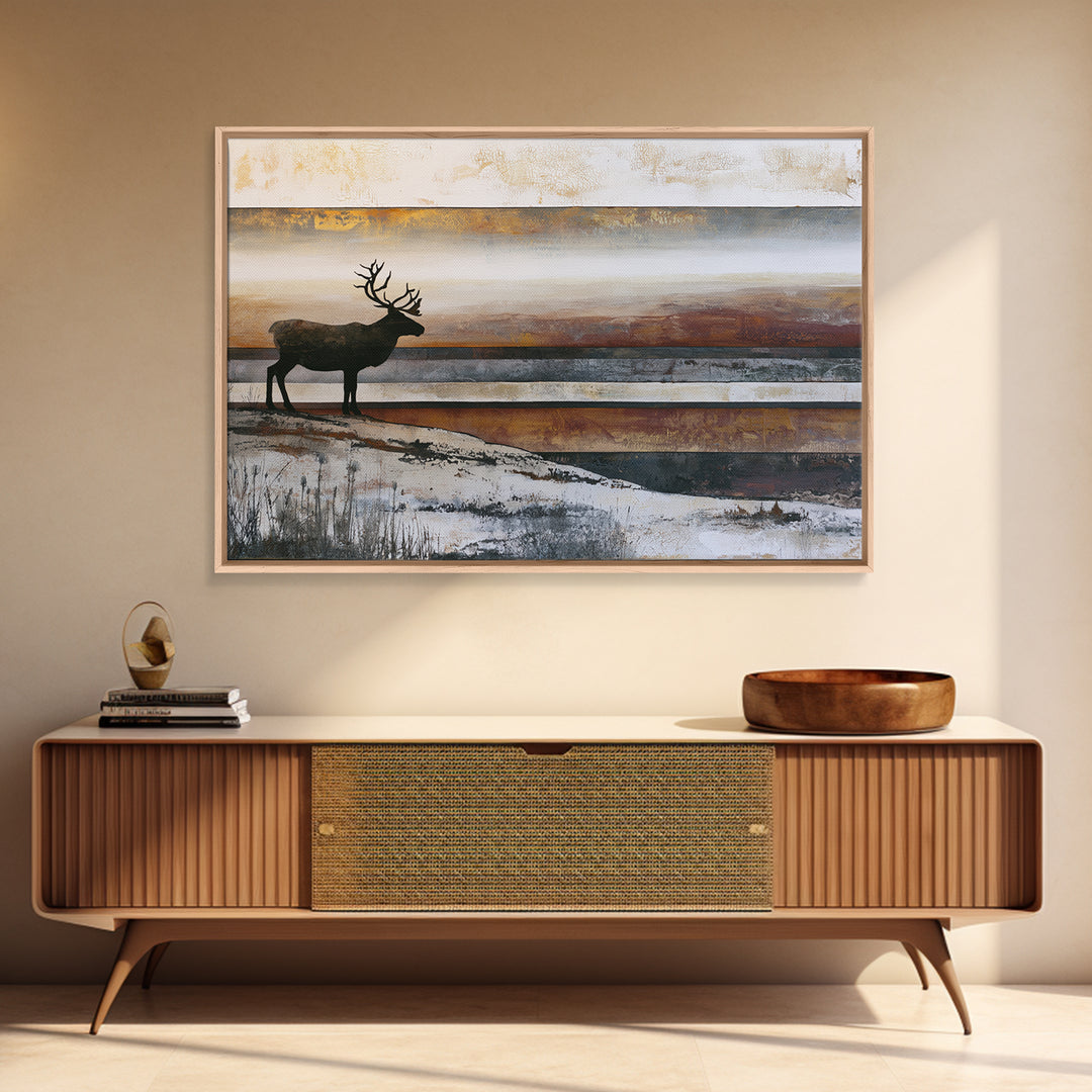 Reindeer Silhouette in Snowy Landscape Framed Canvas Print, Scandinavian Art, Boho Wall Decor, Living Room Decor, Oil Painting, SCA-3x2-10