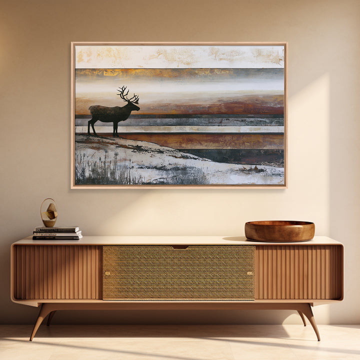Reindeer Silhouette in Snowy Landscape Framed Canvas Print, Scandinavian Art, Boho Wall Decor, Living Room Decor, Oil Painting, SCA-3x2-10