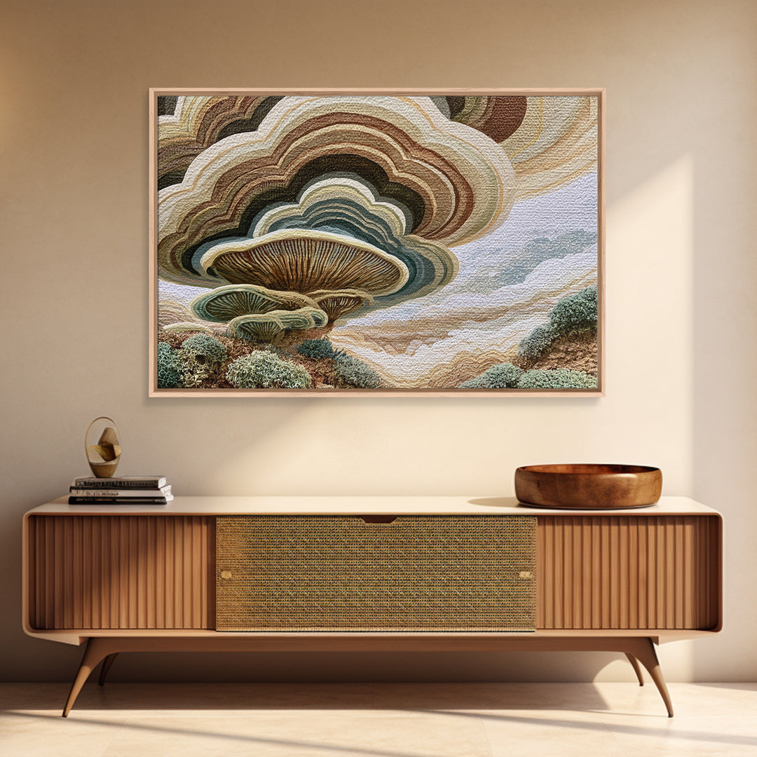 Simple Mushroom and Moss Forest Study Framed Canvas Print, Scandinavian Art, Oil Painting, Living Room Decor, Fine Art, Nordic, SCA-3x2-100