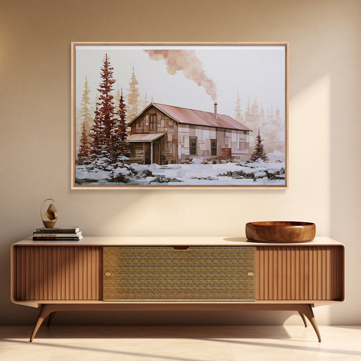 Winter Cabin Smoke Canvas Print, Scandinavian Art, Boho Wall Art, Living Room Decor, Oil Painting, Nordic, Modern Decor, SCA-3x2-22