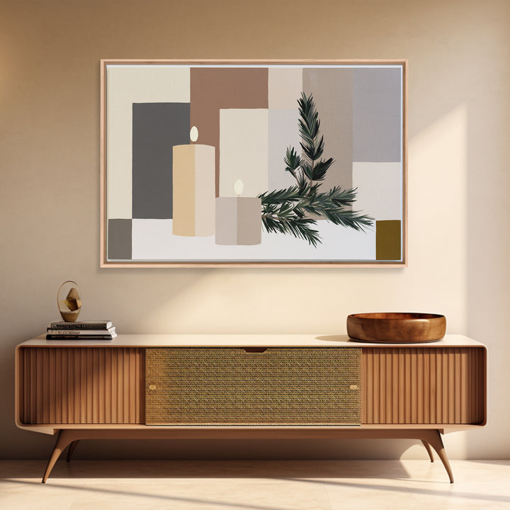 Hygge Candle and Pine Branch Still Life Canvas Print, Scandinavian Art, Luxury Decor, Living Room Decor, Oil Painting, Nordic, SCA-3x2-32