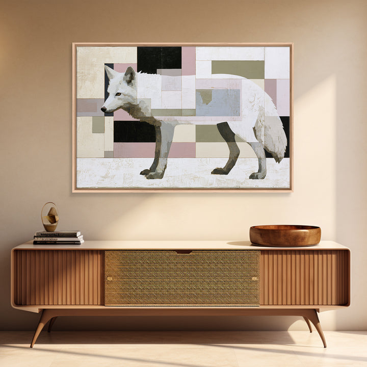 White Fox in Quiet Snow Framed Canvas Print, Scandinavian Art, Textured Painting, Living Room Decor, Oil Painting, Nordic, SCA-3x2-40