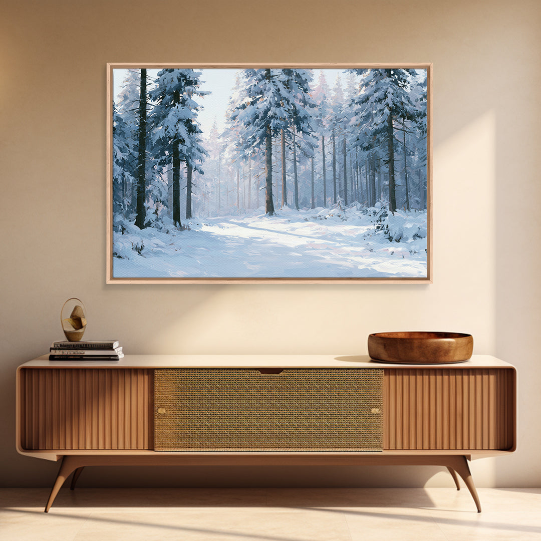 Snowy Nordic Forest Framed Canvas Print, Scandinavian Art, Statement Artwork, Living Room Decor, Oil Painting, Nordic, SCA-3x2-5