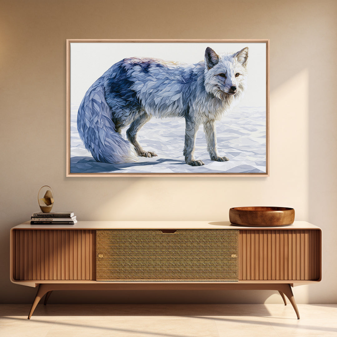 White Fox in Quiet Snow Framed Canvas Print, Scandinavian Art, Mid Century Modern, Living Room Decor, Abstract Art, Nordic, SCA-3x2-64