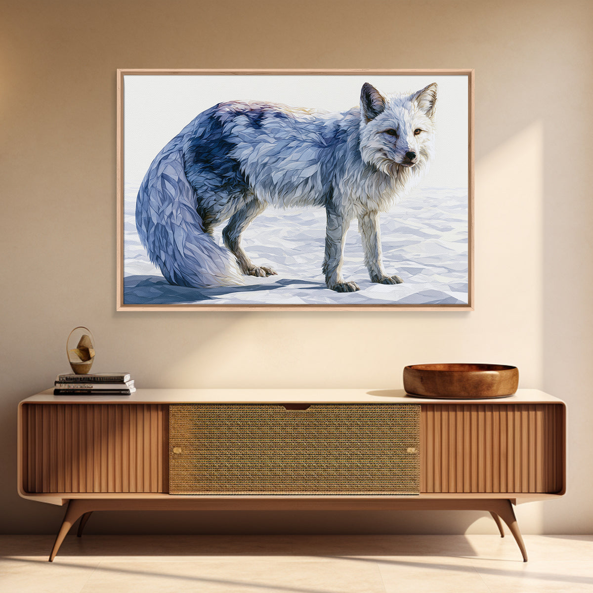 White Fox in Quiet Snow Framed Canvas Print, Scandinavian Art, Mid Century Modern, Living Room Decor, Abstract Art, Nordic, SCA-3x2-64