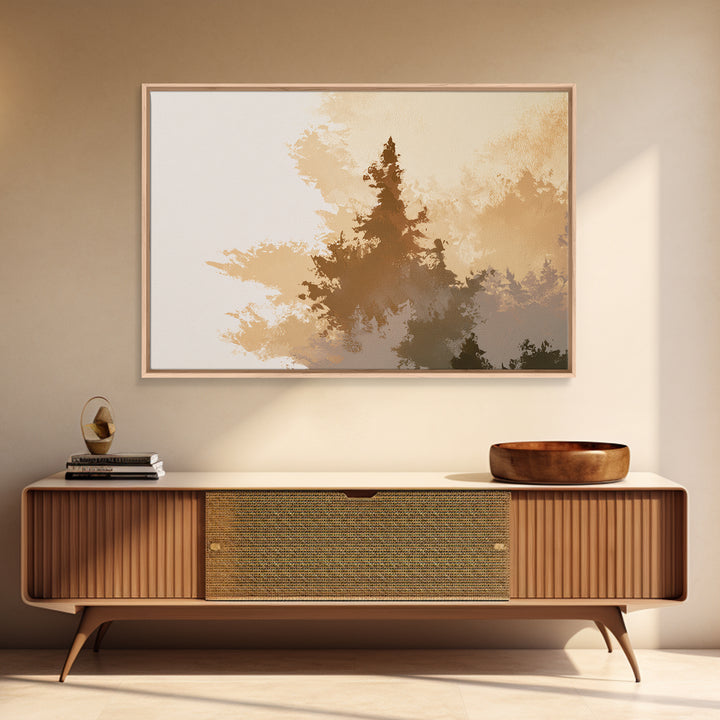 Minimal Sun over Pine Forest Framed Canvas Print, Scandinavian Art, Textured Painting, Living Room Decor, Fine Art, Nordic, SCA-3x2-69