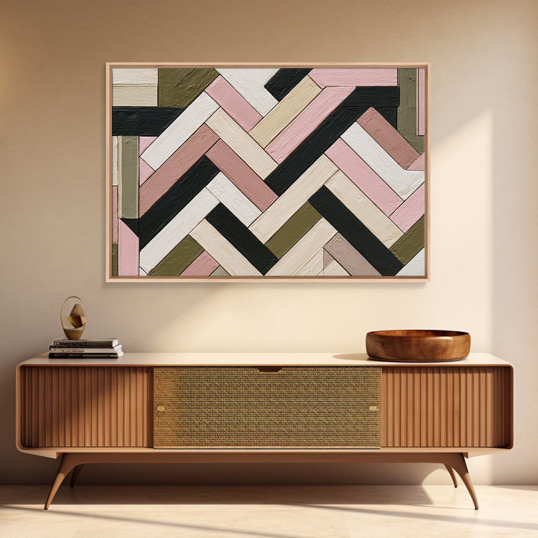 Herringbone Monochrome Pattern Framed Canvas Print, Scandinavian Art, Abstract Painting, Living Room Decor, Oil Painting, SCA-3x2-74