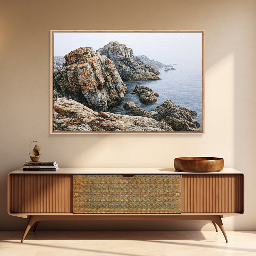 Quiet Coastal Rocks and Gray Sea Canvas Print, Scandinavian Art, Farmhouse Decor, Living Room Decor, Fine Art, Nordic, SCA-3x2-75