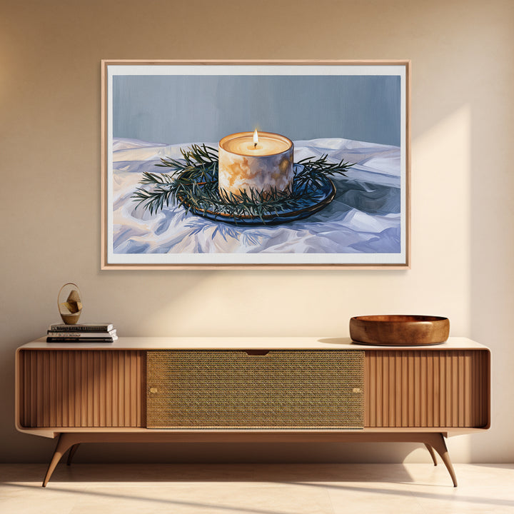 Hygge Candle and Pine Branch Still Life Framed Canvas Print, Scandinavian Art, Gallery Decor, Living Room Decor, Nordic, SCA-3x2-8